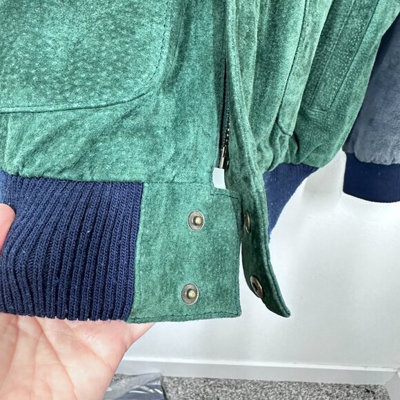 Green & Blue Suede Leather Bomber Jacket 80s Vintage Copper Key Size Medium - Picture 9 of 12